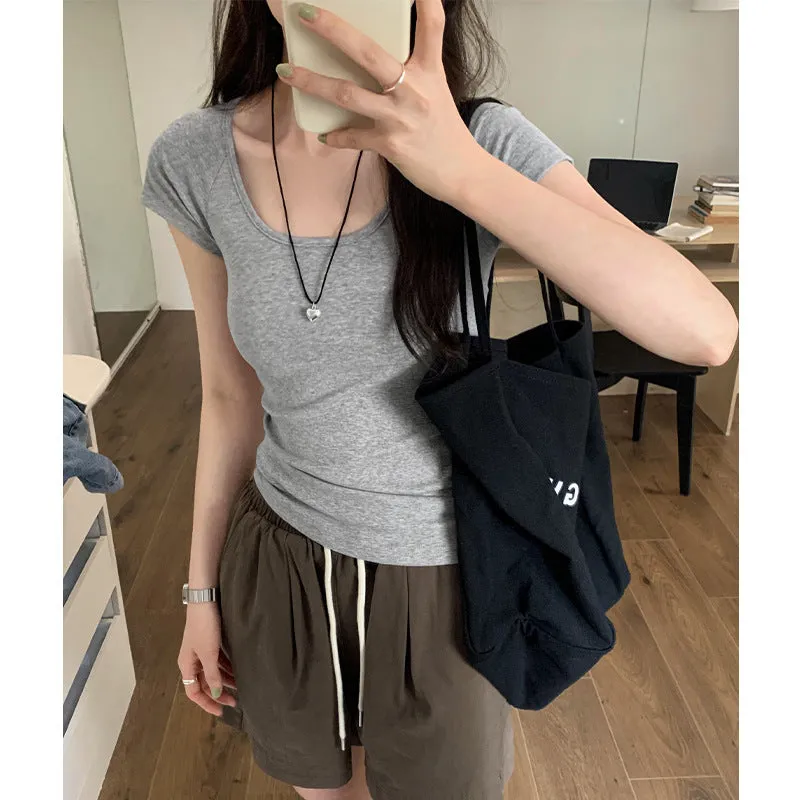 White U-Collar Slim Shoulder Short T-Shirt Women 2024 Summer New Style Short Short-Sleeved Blouse Trend - Image 5