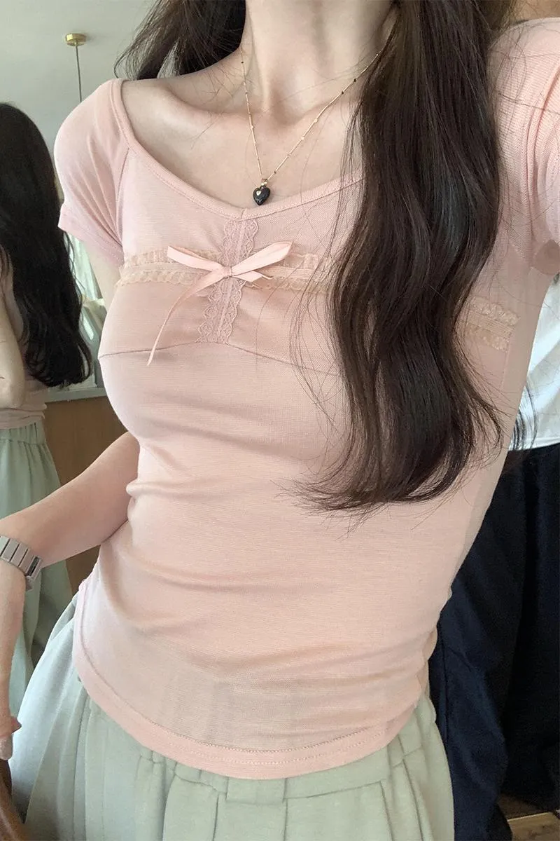 Chic Design Big V-Collar Lace Collage Split Bow Short-Sleeved T-Shirt Women's Summer New Pure Korean Blouse - Image 8