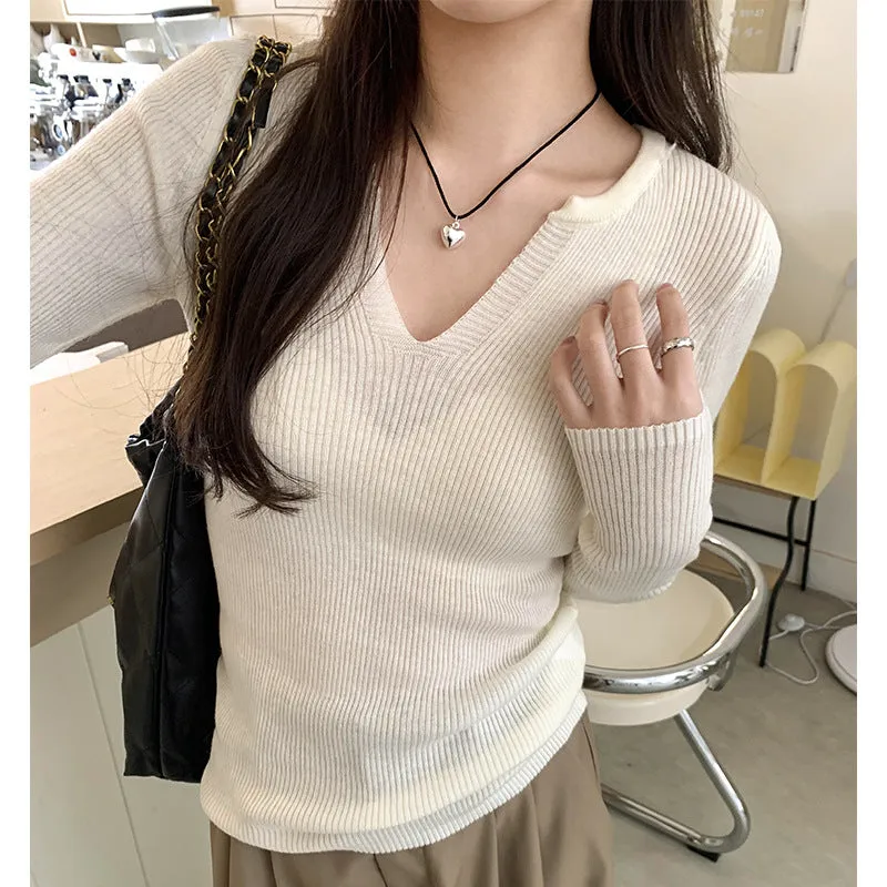 White V-Neck Knitted Long-Sleeved T-Shirt Women's New Spring And Summer Style Slim And Thin Bottomed Shirt With A Shoulder Blouse - Image 2