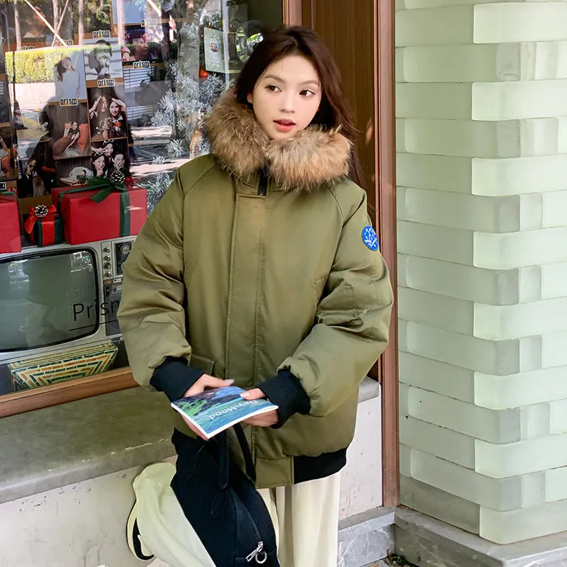 Navy Blue Wool Collar Parker Cotton Suit Women's Winter New Thickened Warm Oversize Padded Coat - Image 5