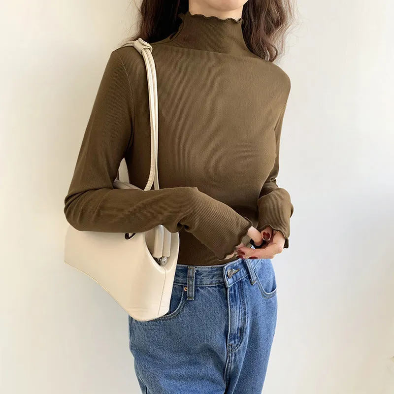 Agaric Edge Long-Sleeved Blouse 2025 Early Spring New Women's T-Shirt White Threaded High-Neck Bottomed Shirt