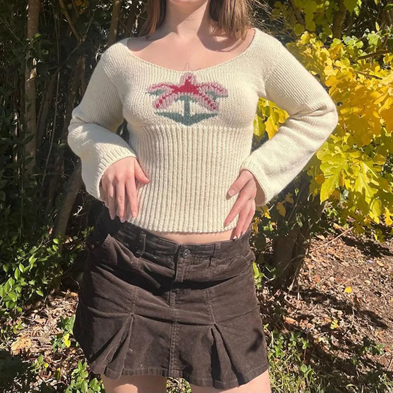 Retro Spice Girl U-Collar Slim And Thin Woolen T-Shirt 2025 Autumn New Lovely Coconut Pattern Sweater - Image 4