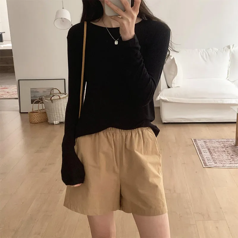 Znbbw Mask T-Shirt Women's Spring And Autumn New Style With White Basic Solid Color Slim Stretch Bottom Blouse - Image 4