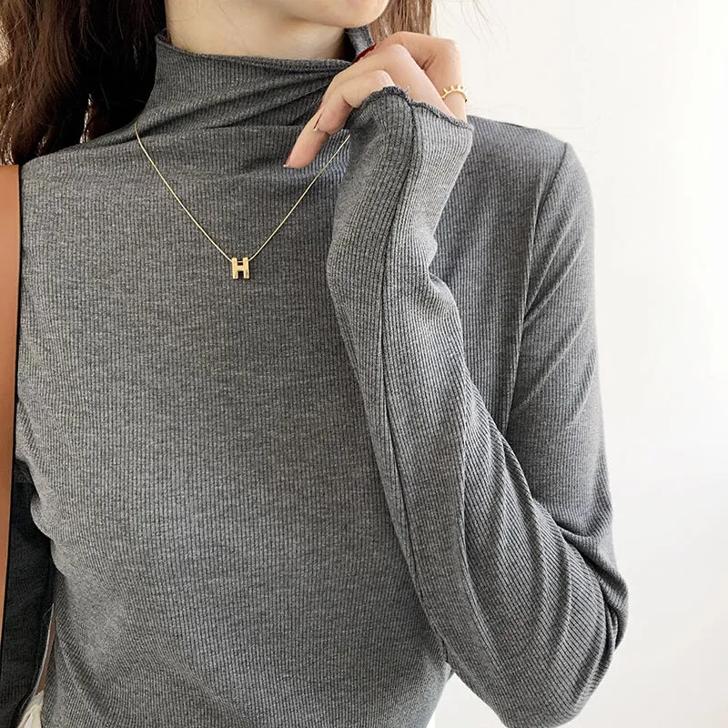 Agaric Edge Long-Sleeved Blouse 2025 Early Spring New Women's T-Shirt White Threaded High-Neck Bottomed Shirt - Image 6