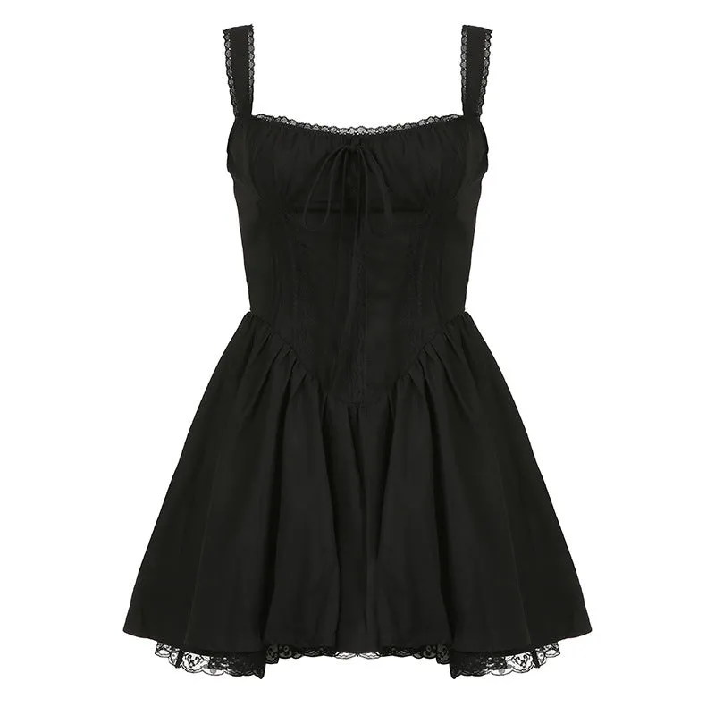 Lace Splicing Waist Fold Plastic Waist Show Thin Halter Skirt 2024 French Lace Ballet Style Swinging Dress