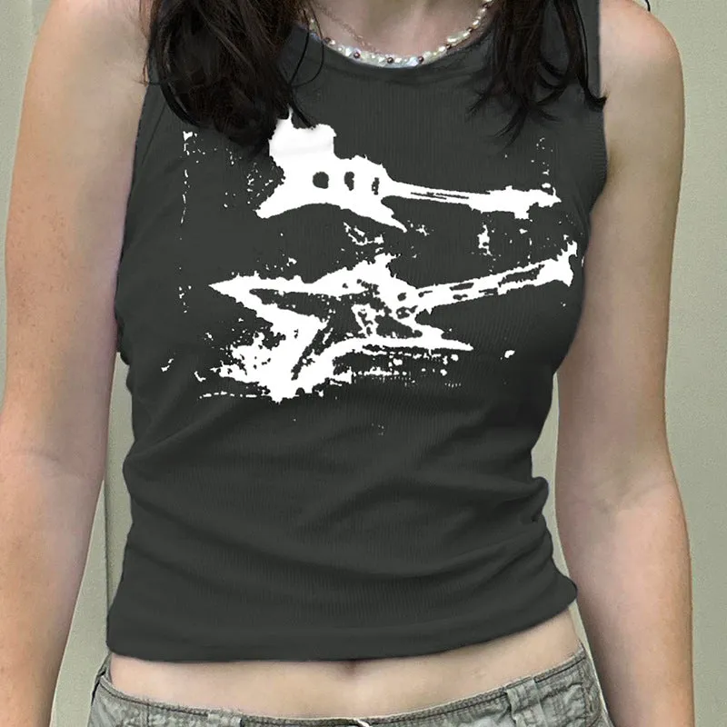 2025 Summer New Personality Trend Ins Street Fashion Guitar Graffiti Printed Threaded Vest Girl - Image 6