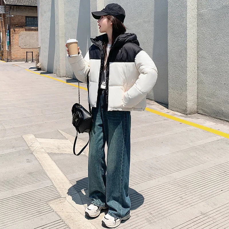 Bean Wind Spell Color Hooded Padded Clothes Female Short Style 2024 Winter New Fashion Loose Small Bread Jacket - Image 3