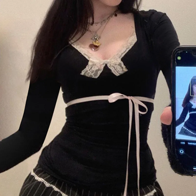 Pure Desire Girls Feel Lace, Bow, Stitching, Slim, Sweet And Spicy V-Collar Long-Sleeved T-Shirt 2024 - Image 5