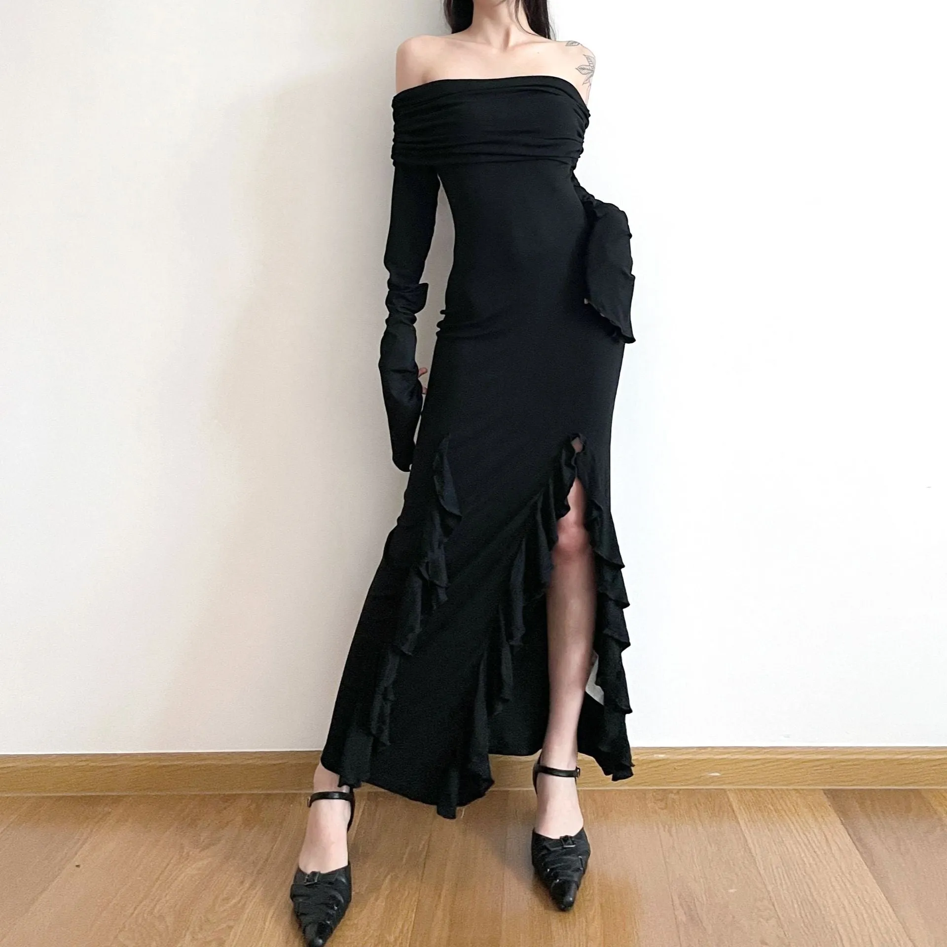 Waste Soil Style Shoulder Lotus Leaf Edge Forked Skirt 2025 Pure Wind Hot Girl Sexy Tight Fashion Dress Girl - Image 5