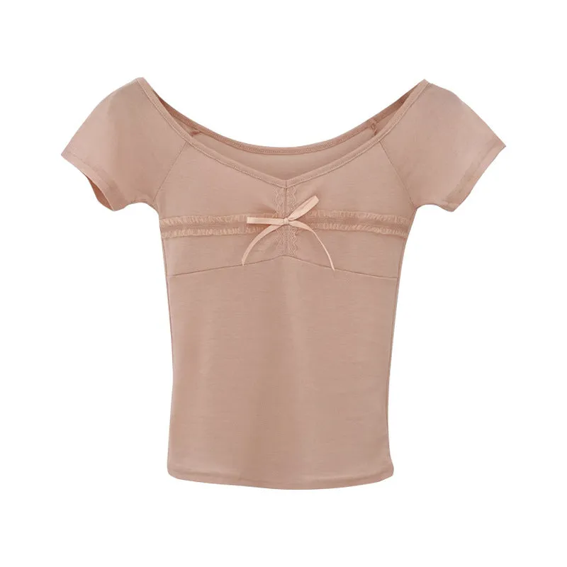 Chic Design Big V-Collar Lace Collage Split Bow Short-Sleeved T-Shirt Women's Summer New Pure Korean Blouse - Image 3