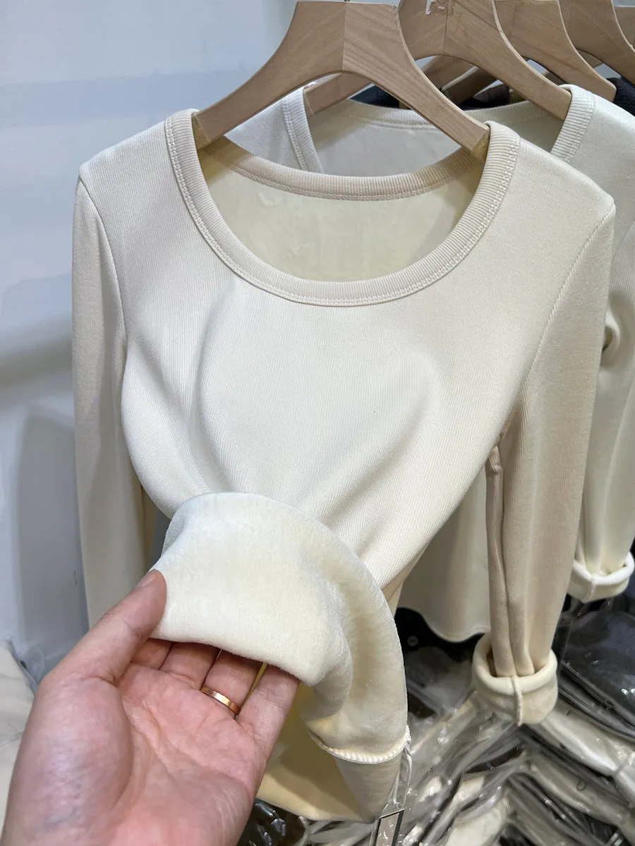 Znbbw Plush Underwear With White Bottomed T-Shirt With Low Round Neck And Long Sleeves In Autumn And Winter Integrated Velvet Warm Blouse - Image 9