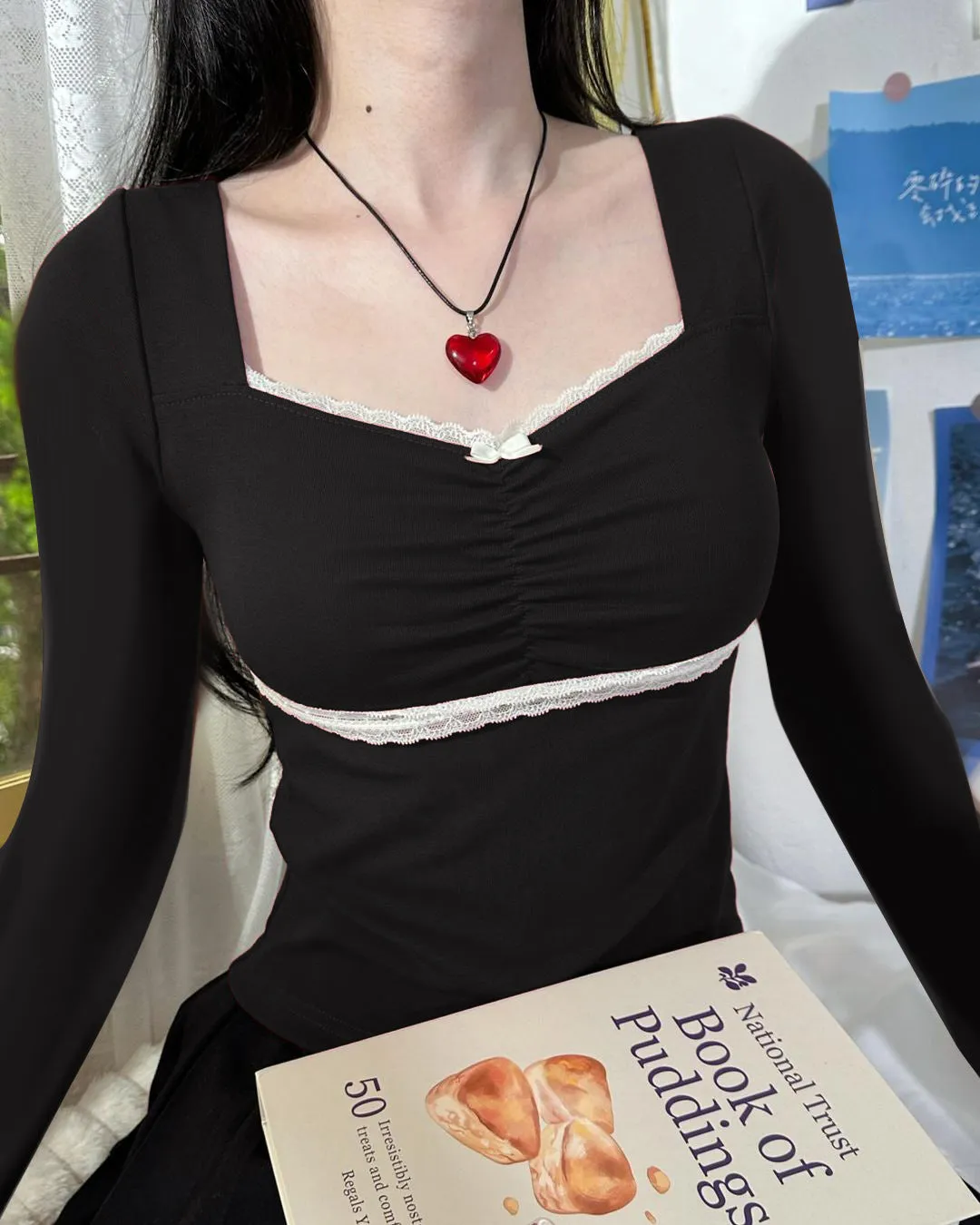 Retro Sweet And Spicy Wind, Bow Tie, Lace, Lace, Short-Sleeved T-Shirt, Summer Square Collar, Slim Blouse