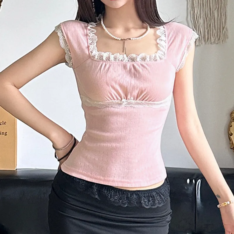 French Sweet Lace Lace Stitching Square Collar Slim, Striking Color Short-Sleeved T-Shirt, Girl's Knitted Blouse - Image 4
