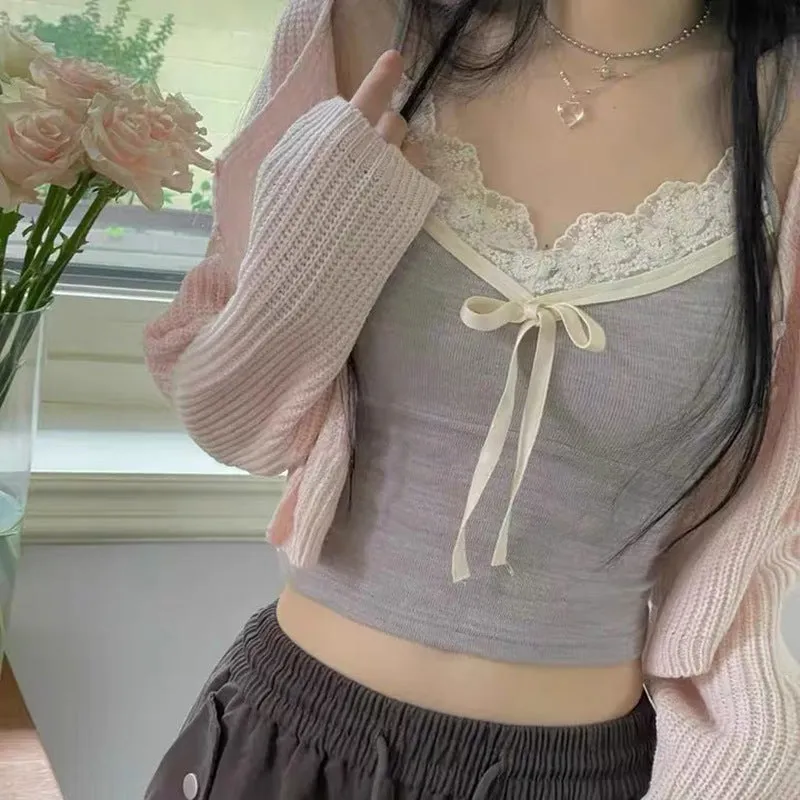 Hot Girl Pure Lace Splicing Tie Bow Tie Small Sling 2024 Color Slim Sexy Vest Girl - Image 4