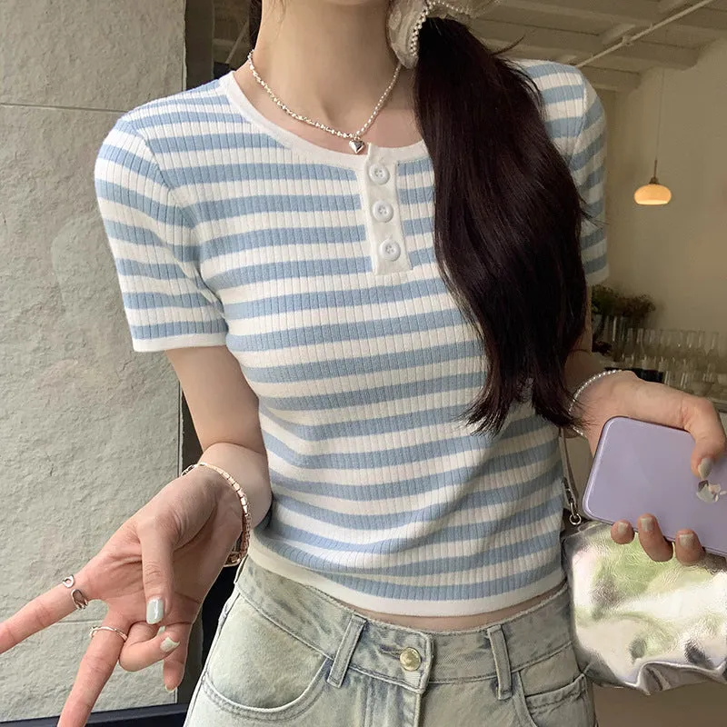 Cold And Light High-Grade Blue Color Striped Short-Sleeved Shoulder T-Shirt Women's Summer Stretch Waist Short Style Foreign Style T-Shirt - Image 6