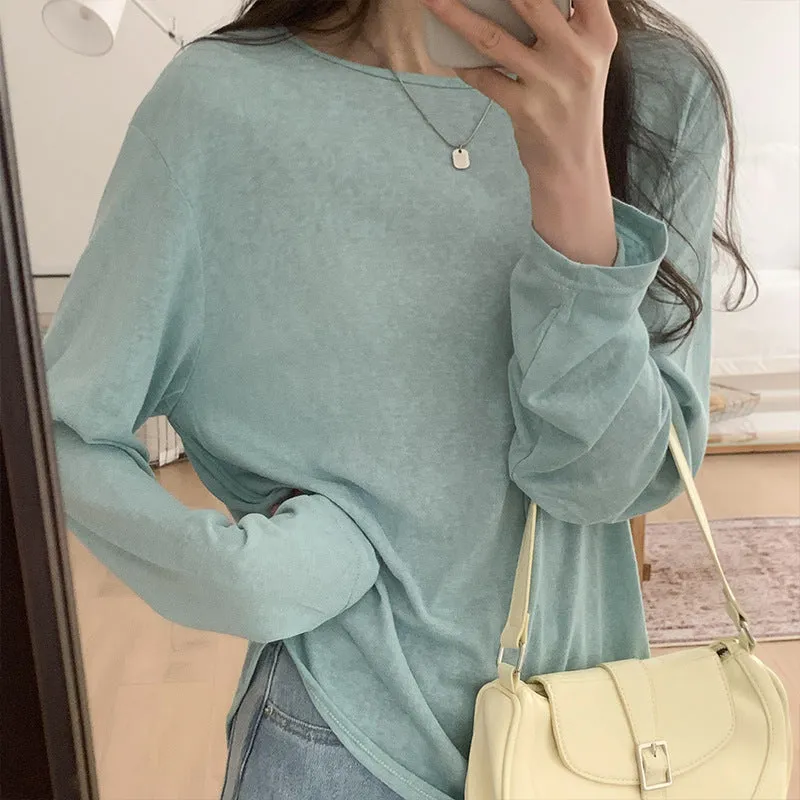 Sunscreen Shirt Mask Long-Sleeved T-Shirt Women's Summer Thin Loose Irregular Fork Bottom Air-Conditioning Blouse - Image 4