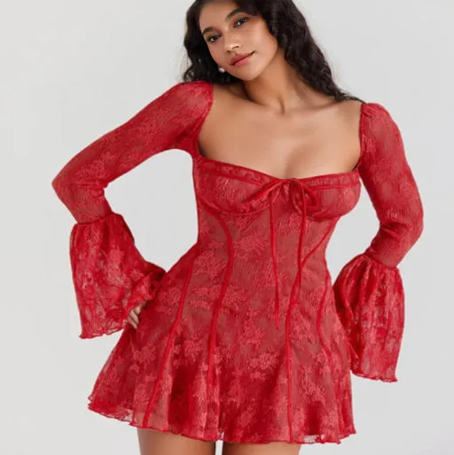 Znbbw New Women's Wear Temperament And Fashion Slim Lace Horn Long-Sleeved Tie A Pendulum Dress Woman