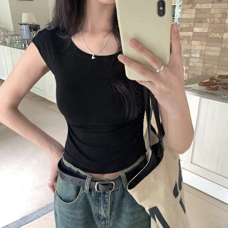 Korean Style Simple Shoulder Short-Sleeved T-Shirt Women's Summer Thin Style Design Feeling Solid Color Full-Fitting Spicy Girls Short-Style Blouse - Image 3