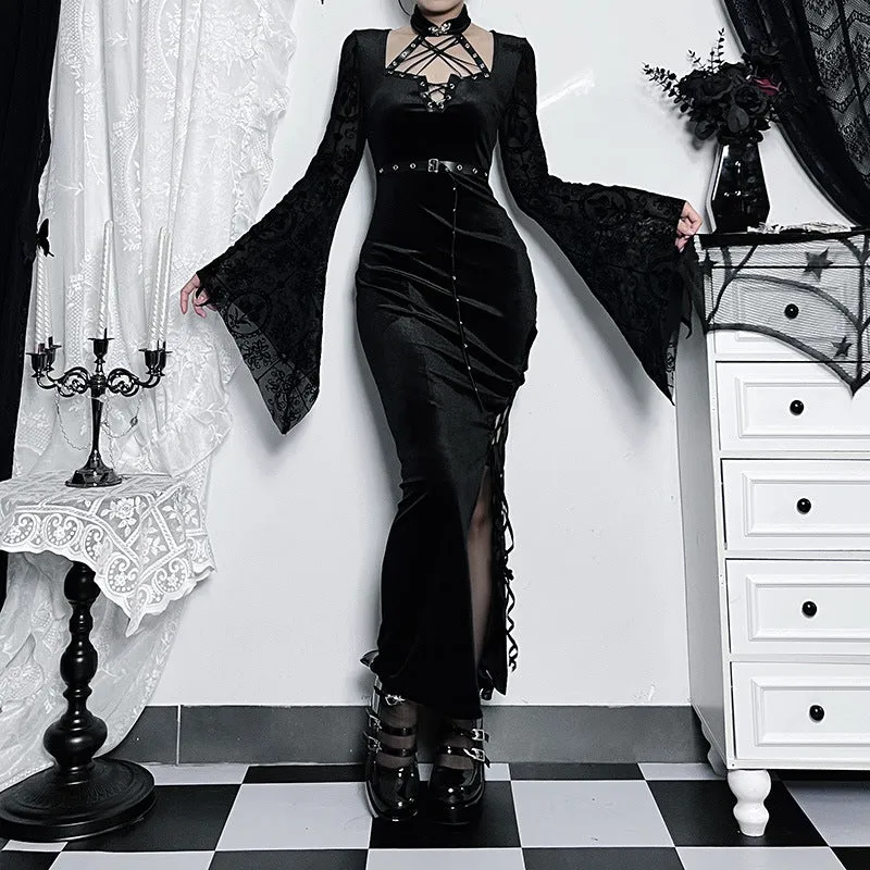 Znbbw Autumn Style New Style Slim Velvet Dress With Dark Goth Horn Sleeves Tied With Forks - Image 5