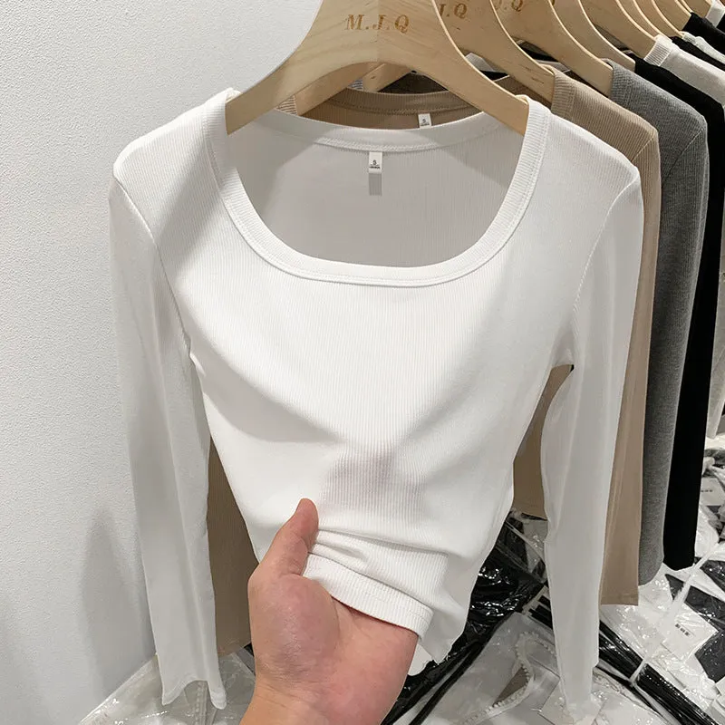 2025 New Spring And Autumn Style Threaded Square Collar Long-Sleeved T-Shirt Women's High Waist Leaky Navel Minority Solid Color Undercoat - Image 8