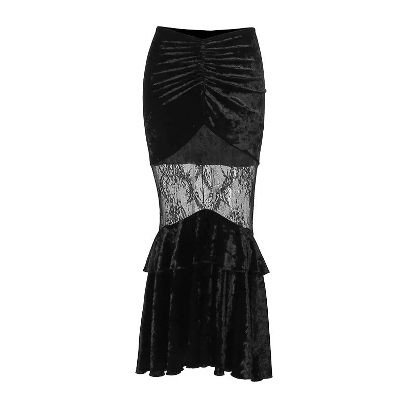 Znbbw Autumn New Sexy Perspective Embossed Skirt Dark Style Velvet Lace Spliced Half Skirt Girl - Image 3