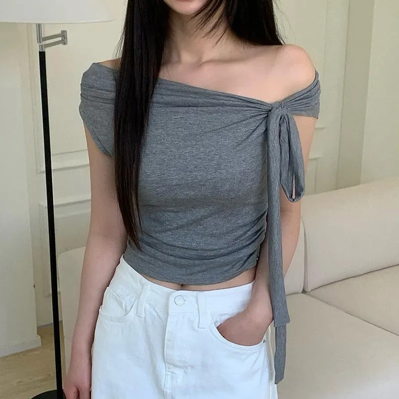 The Word Solid Color Irregular Bandage And Knot On The Shoulder Is Sexy In Summer, Wrinkled And Skinny T-Shirt. - Image 3