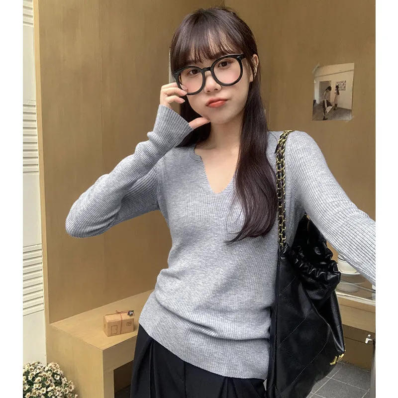 White V-Neck Knitted Long-Sleeved T-Shirt Women's New Spring And Summer Style Slim And Thin Bottomed Shirt With A Shoulder Blouse - Image 4