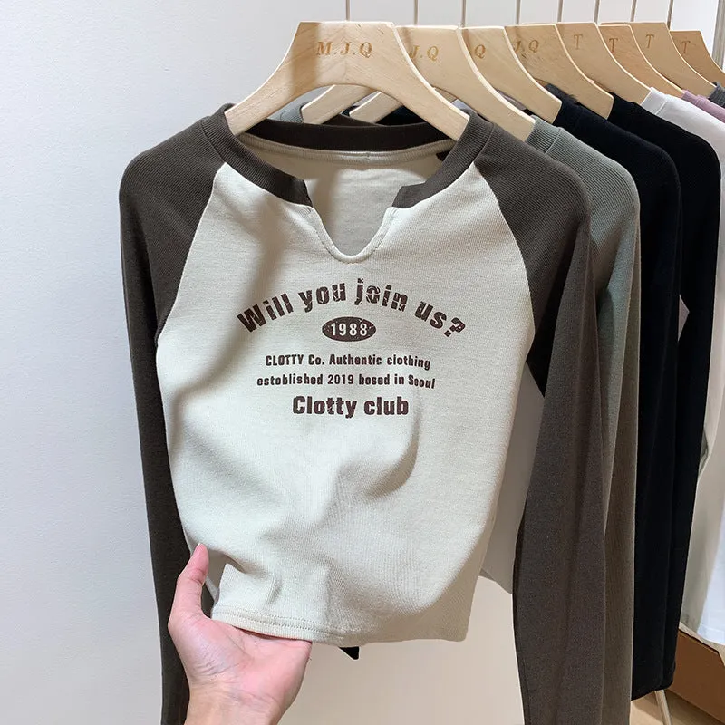 European Shoulder V-Collar T-Shirt Women's Long-Sleeved Spring And Autumn Decoration With Threaded Bottomed Shirt And Short High-Waist Chic Blouse - Image 2