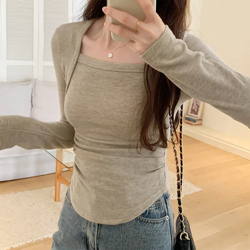 Znbbw Square-Necked T-Shirt Long-Sleeved Bottomed Shirt With Velvet Super-Revealing Figure And Spicy Girl-Style Tight Blouse - Image 3