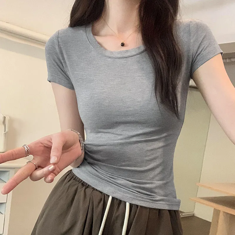 Pure Sexy U-Collar Shoulder Short-Sleeved T-Shirt Girls 2024 Summer New Spicy Girls Wear Slim European Blouses - Image 4