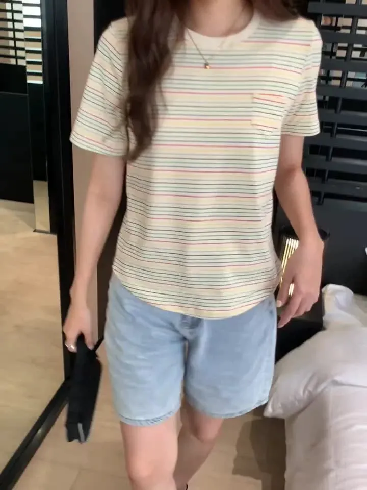 College Style Rainbow Striped Round-Neck T-Shirt Women's Summer Loose Style Vintage Blouse Design Sense Minority - Image 7