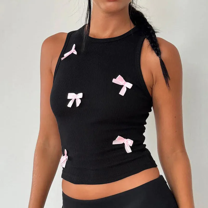 Girl Sweet Pink Bow Stitching, Slimming, Ultra-Short Knitted Round-Neck Vest, Pure Desire For A Blouse. - Image 4