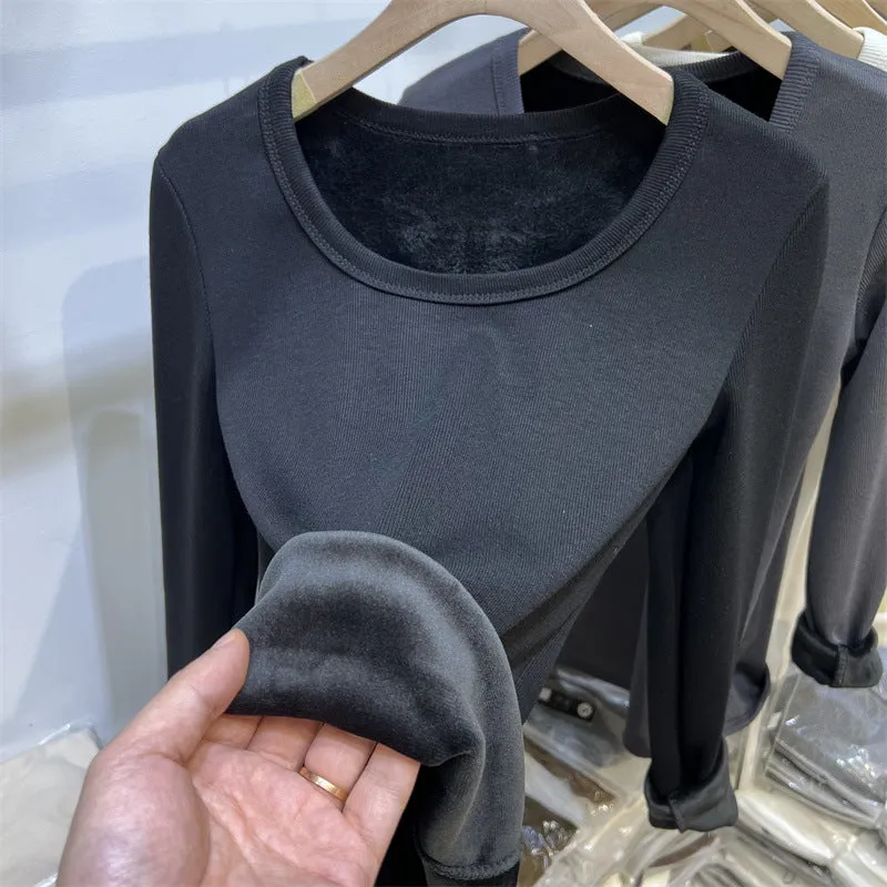 Znbbw Plush Underwear With White Bottomed T-Shirt With Low Round Neck And Long Sleeves In Autumn And Winter Integrated Velvet Warm Blouse - Image 3