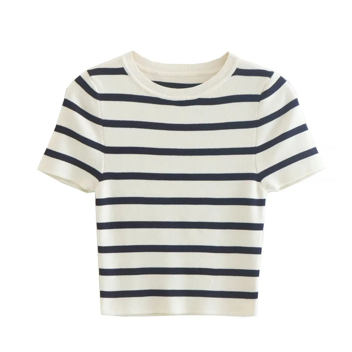Znbbw New Short Style Slim Short-Sleeved Striped Knitted Blouse In Autumn