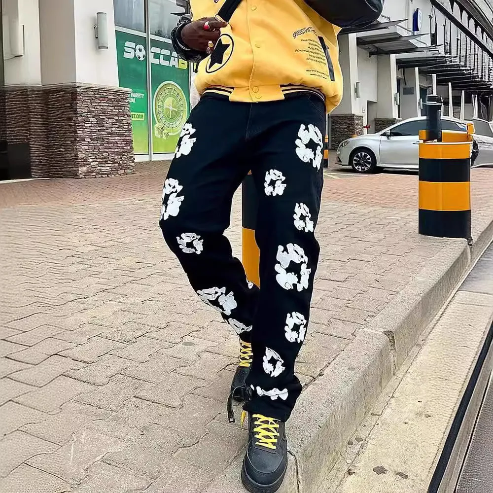 Znbbw Year's Popular Black Printed Jeans Y2K Fashion Loose Fit Wide Leg Offset Casual Pants - Image 5