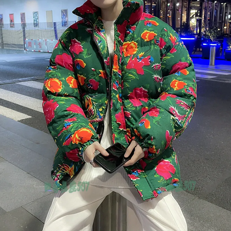 Big Flower Cotton-Padded Jacket Men And Women China-Fashion Chinese Wind Peony Flowers Add Thick Cotton Clothes Winter Warm Coat Oversize - Image 2