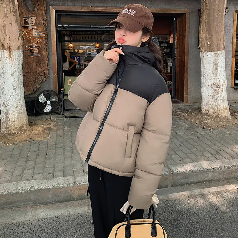 Bean Wind Spell Color Hooded Padded Clothes Female Short Style 2024 Winter New Fashion Loose Small Bread Jacket - Image 2