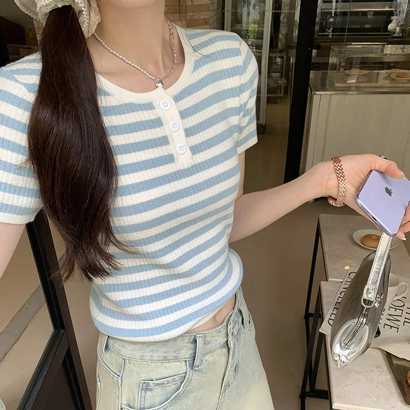 Cold And Light High-Grade Blue Color Striped Short-Sleeved Shoulder T-Shirt Women's Summer Stretch Waist Short Style Foreign Style T-Shirt - Image 3