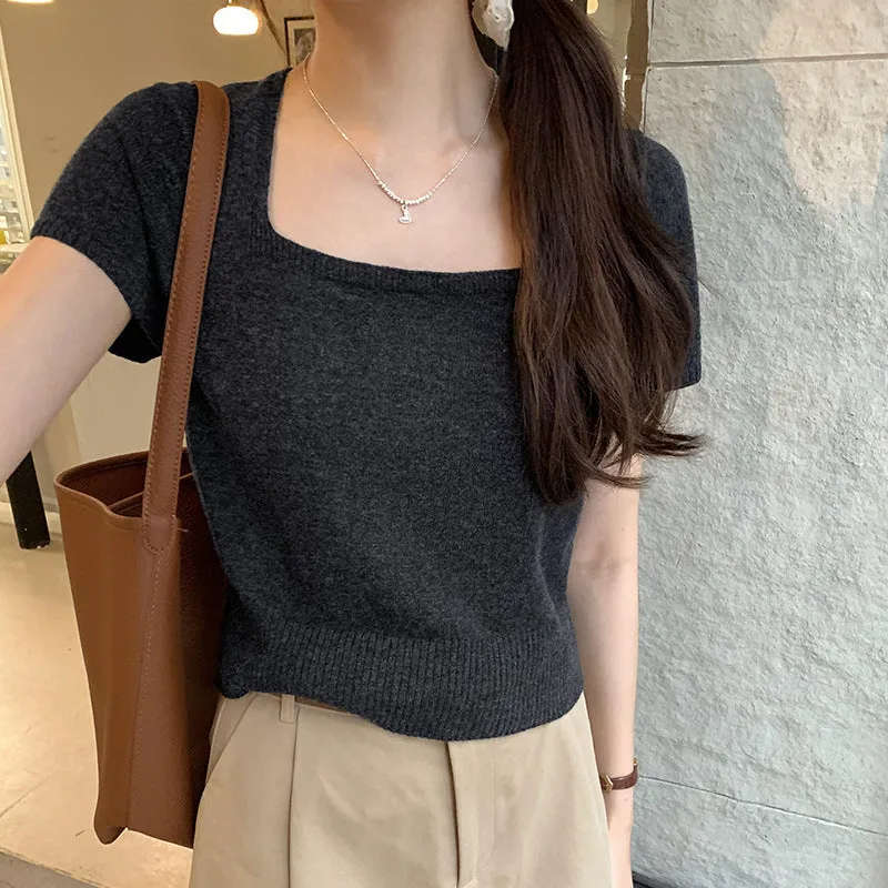 Korean Version Of Knitted Short-Sleeved T-Shirt Women's New Summer Slim Thin Solid Color Full-Length Short-Style Blouse Ins - Image 4