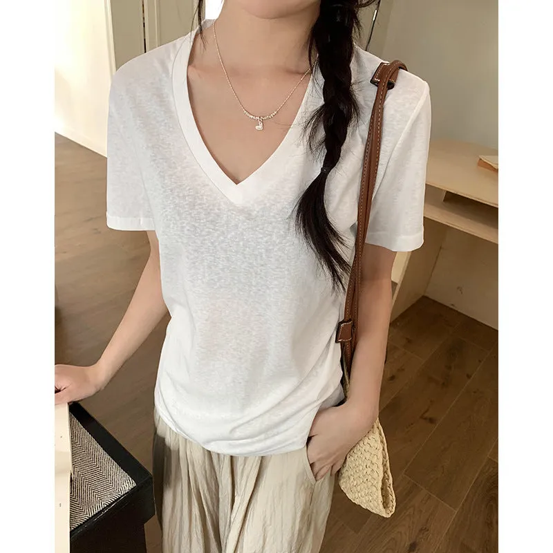Basic Shoulder V-Collar Short-Sleeved T-Shirt Women's Summer New Korean Version Of Slim Design Feel Bottomed Shirt Casual Top Trend - Image 7