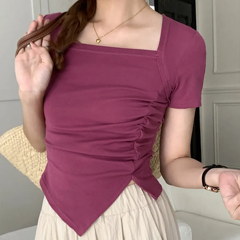 Shoulder Women's T-Shirt Shows A Sense Of Thin Short-Sleeved Design Minority Pleated Irregular Slimming Blouse Square Collar Clavicle T-Shirt - Image 8