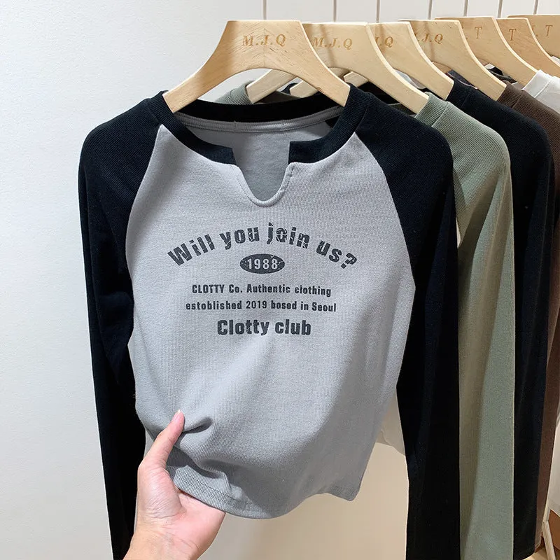 European Shoulder V-Collar T-Shirt Women's Long-Sleeved Spring And Autumn Decoration With Threaded Bottomed Shirt And Short High-Waist Chic Blouse - Image 7