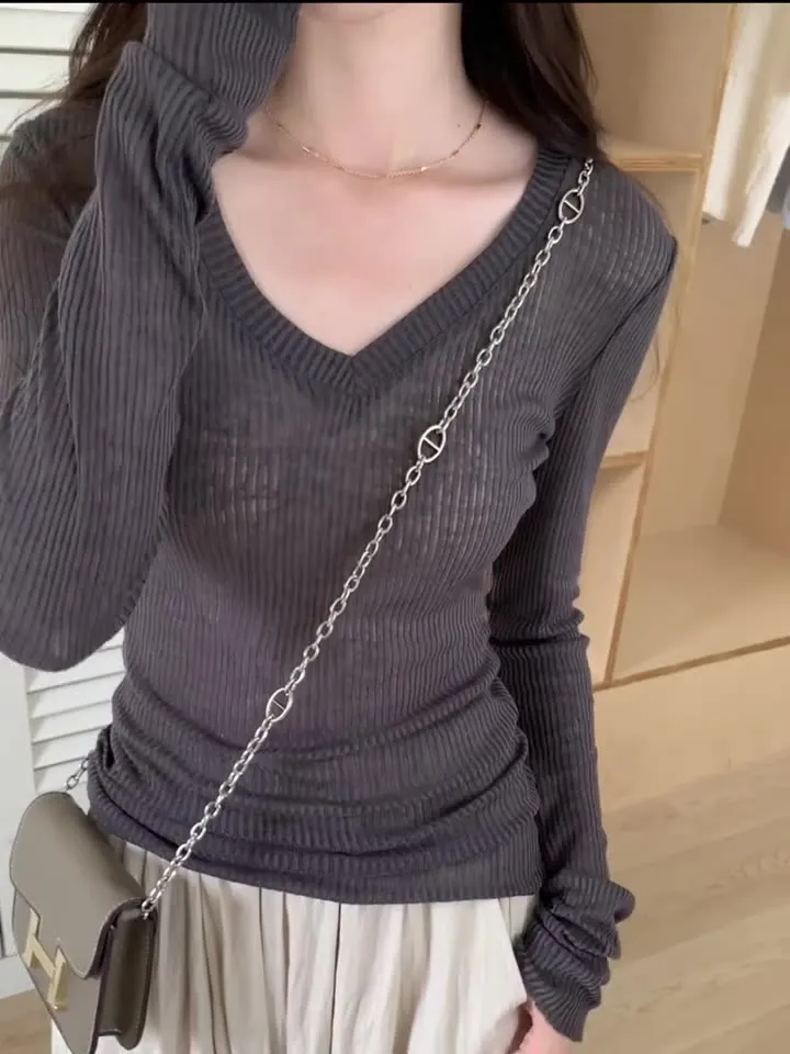 Znbbw Micro-Transparent Long-Sleeved Sweater Women's Early Autumn New Design Sense Of Slim And Thin Bottomed Blouse - Image 12