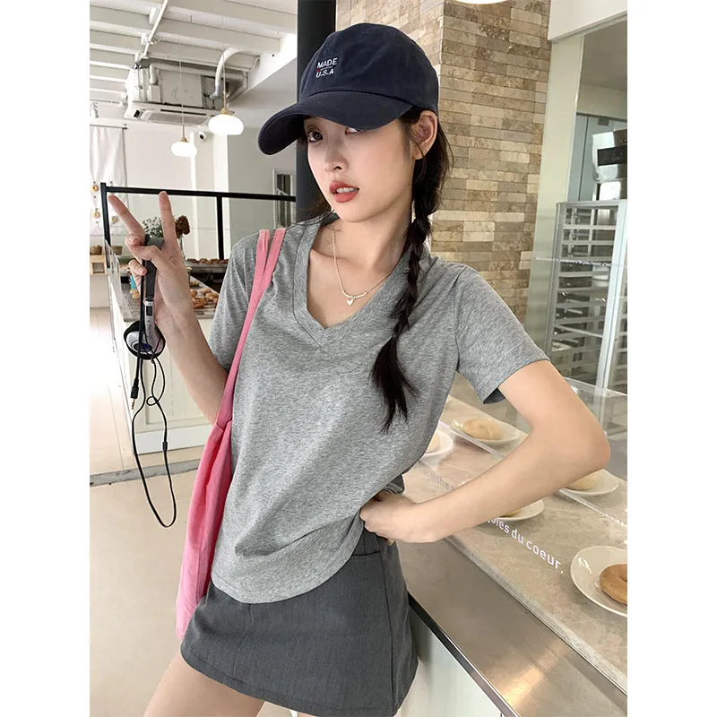 Basic Shoulder V-Collar Short-Sleeved T-Shirt Women's Summer New Korean Version Of Slim Design Feel Bottomed Shirt Casual Top Trend - Image 8