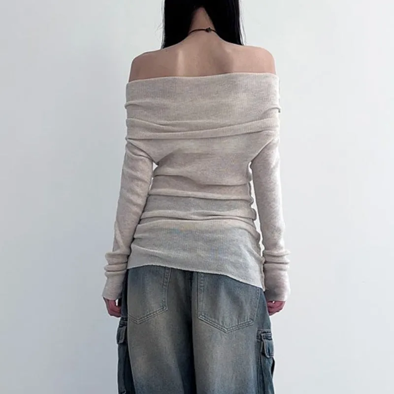 French-Style Shoulder Gentle Knitted Blouse Woman 2025 Early Autumn Solid Color Slim Showing Thin Shoulder Hot Girl Long-Sleeved T-Shirt - Image 2