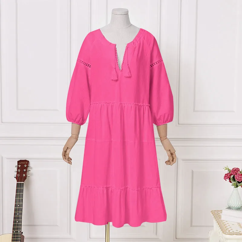 Znbbw Summer New Lace V-Collar Ins Casual Loose Lace Stitched Seven-Sleeve Cake Skirt