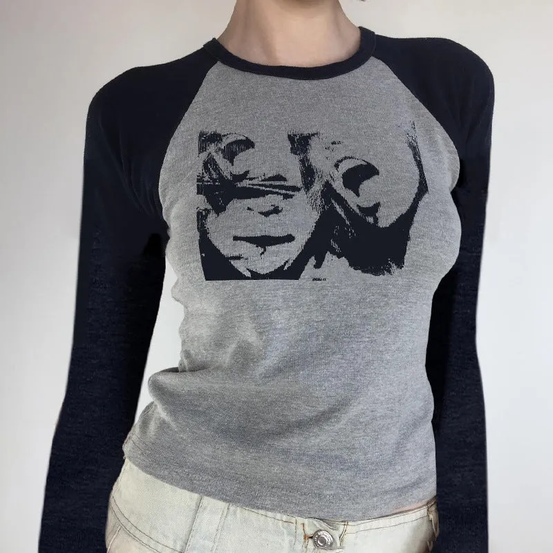 Street Portrait Printed Shoulder-Inserted Long-Sleeved T-Shirt 2024 New Retro Slim And Skinny Bottom Shirt - Image 4