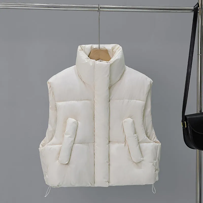 Collar Short Cotton-Padded Jacket Vest Female 2024 Autumn / Winter New Warm And Fashionable High Waist Vest Bread Suit Coat - Image 5