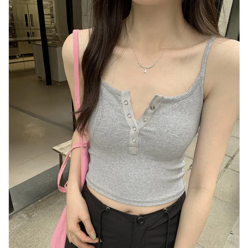 Spicy Girls Platoon Buckle Knitted Sling Vest Women's Spring And Summer New Tight And Thin Inner Jacket With Short Style - Image 2