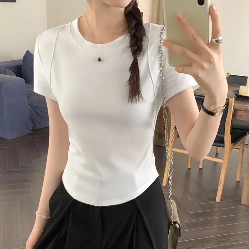 Solid Color Shoulder Short-Sleeved T-Shirt Women's Summer 2024 New Slim And Thin Fishbone Line Base Short Blouse - Image 5